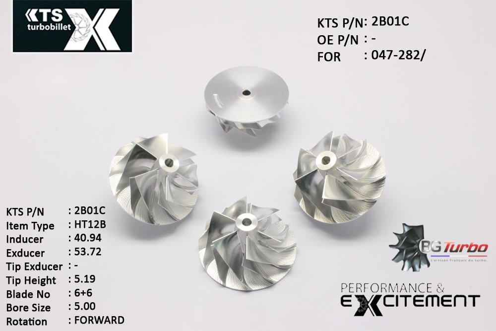 Turbo ROUE FORGÉE MFS PERFORMANCE - 6+6 PALES - INDUCER : 40,94 - EXDUCER : 53,72 - TYPE : HT12ANGLE : 60° - ROTATION : Forward - SUPER BACK : 0,18 - BORE SIZE : 5
